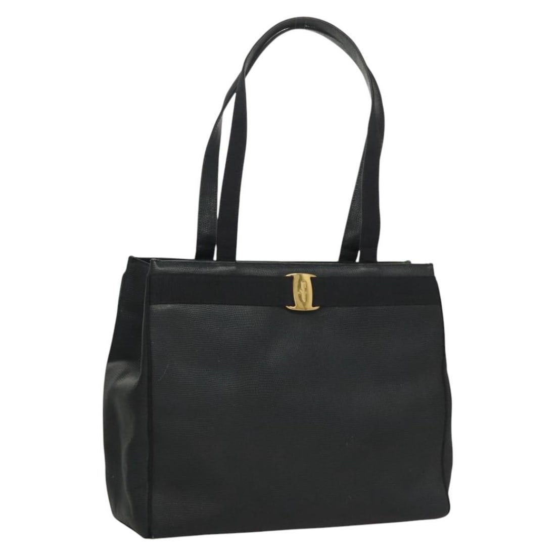 Salvatore Ferragamo Vara Bow Vintage Tote Navy Leather: Salvatore Ferragamo Vara Bow Vintage Tote Navy Leather Vintage Salvatore Ferragamo Vara Bow Tote in navy leather with a lizard embossed finish. This unisex tote is made in Italy and measures 34 cm x 2