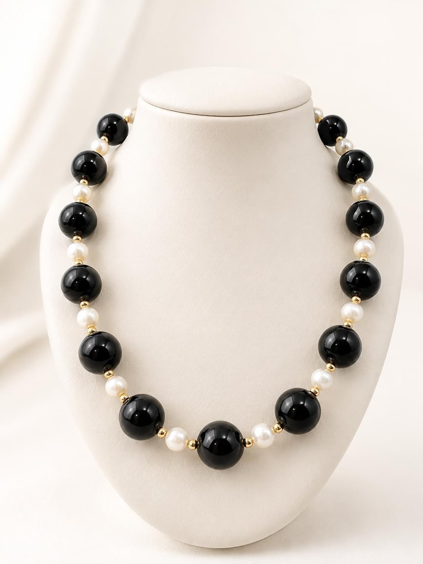 18 in Beaded Necklace with Pearl Black Onyx and 14k Gold Clasp (1 of 6)