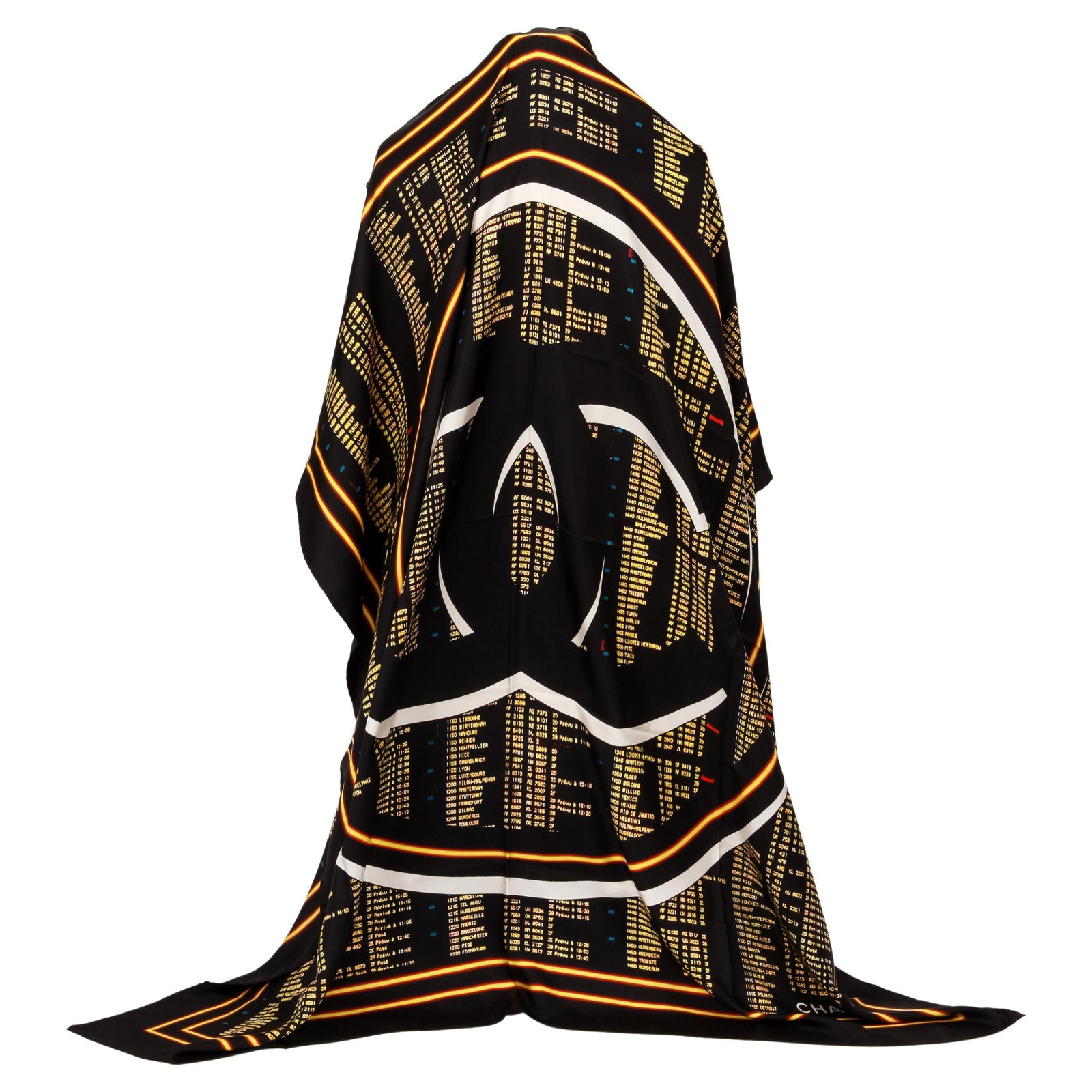 Chanel Black Gold Logo CC XL 52 Silk Scarf Shawl Italy: Chanel Black Gold Logo CC XL 52 Silk Scarf Shawl Italy Elevate your accessory collection with this stunning Chanel Black Gold Logo CC XL Silk Scarf. Crafted from 100% luxurious silk, this oversize sca