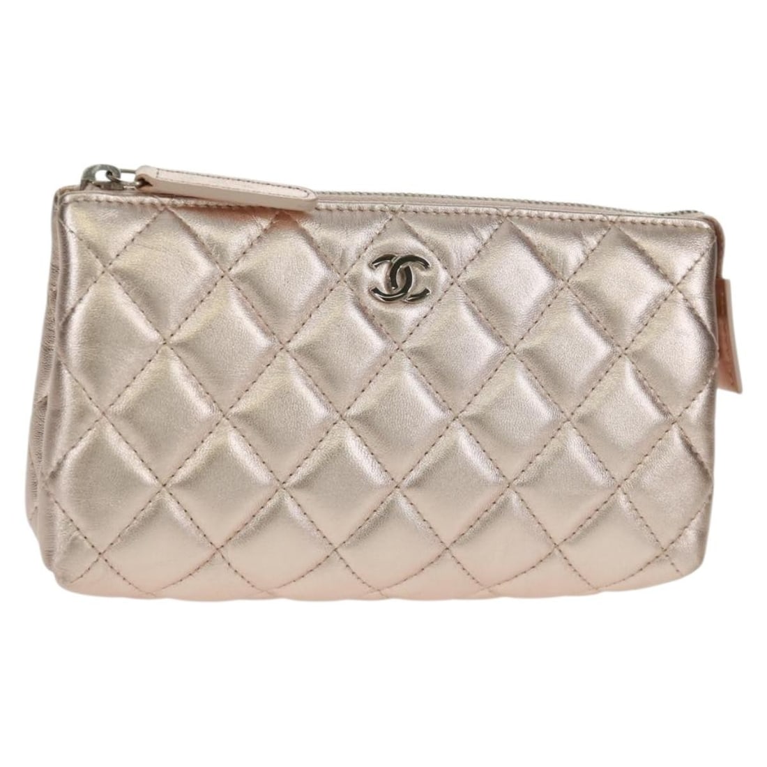 CHANEL Lamb Skin Pouch Pink Silver with Dust Bag Card: CHANEL Lamb Skin Pouch Pink Silver with Dust Bag Card Chanel Matelasse pouch in pink and silver lamb skin. Includes a dust bag and guarantee card. Condition is A: excellent, with slight scratches to t