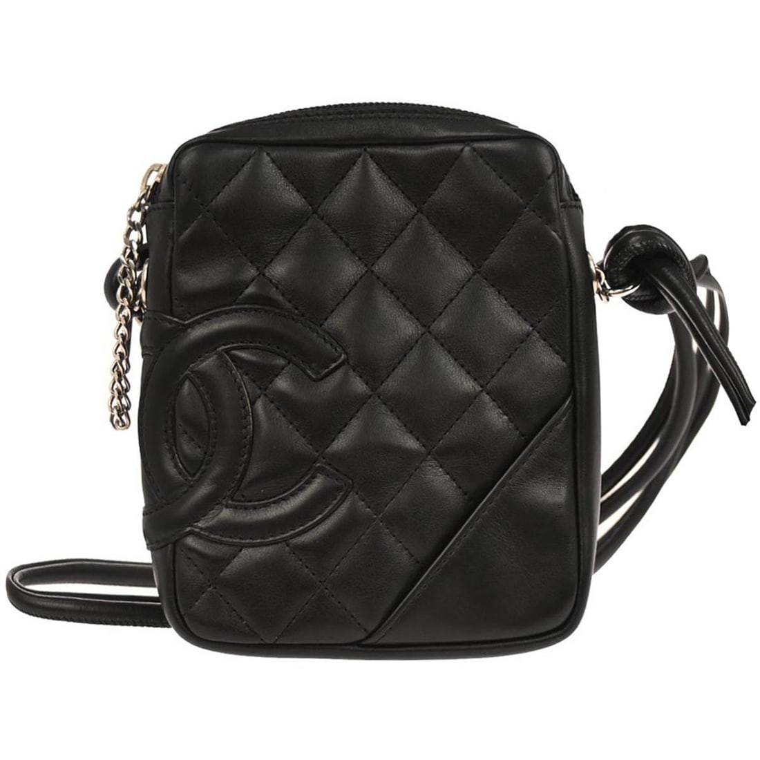 CHANEL Cambon Ligne black calfskin crossbody bag quilted: CHANEL Cambon Ligne black calfskin crossbody bag quilted Chanel Cambon Ligne crossbody bag in black quilted calfskin leather with a pink canvas lining. This small bag features a zip closure, silver-co