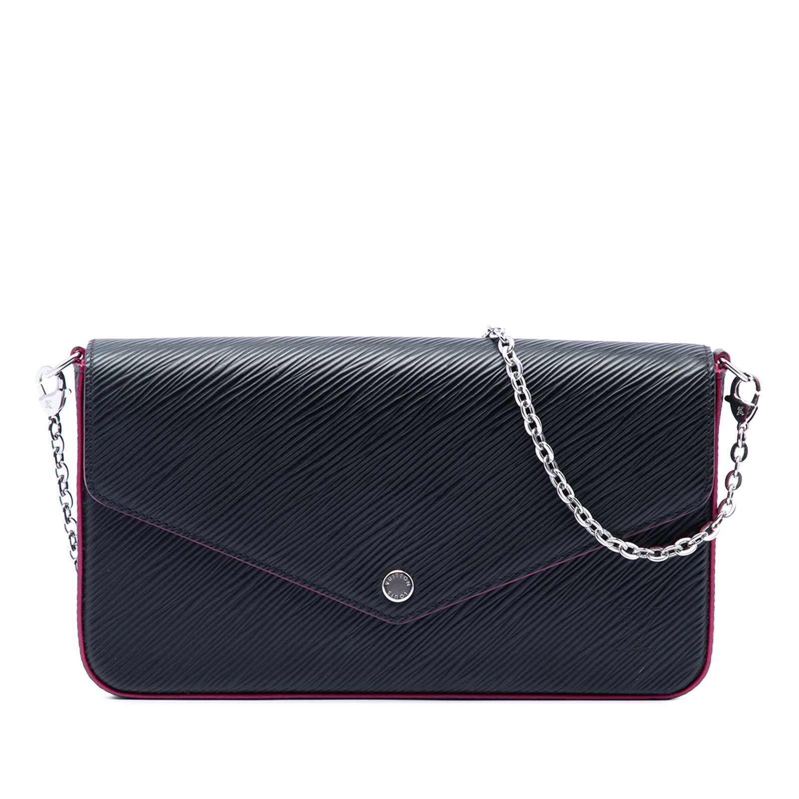 Louis Vuitton Felicie Pochette Epi Leather Chain Shoulder Bag: Louis Vuitton Felicie Pochette Epi Leather Chain Shoulder Bag Louis Vuitton Epi Pochette Felicie in black leather with a detachable chain link strap and front flap snap closure. The interior includes 