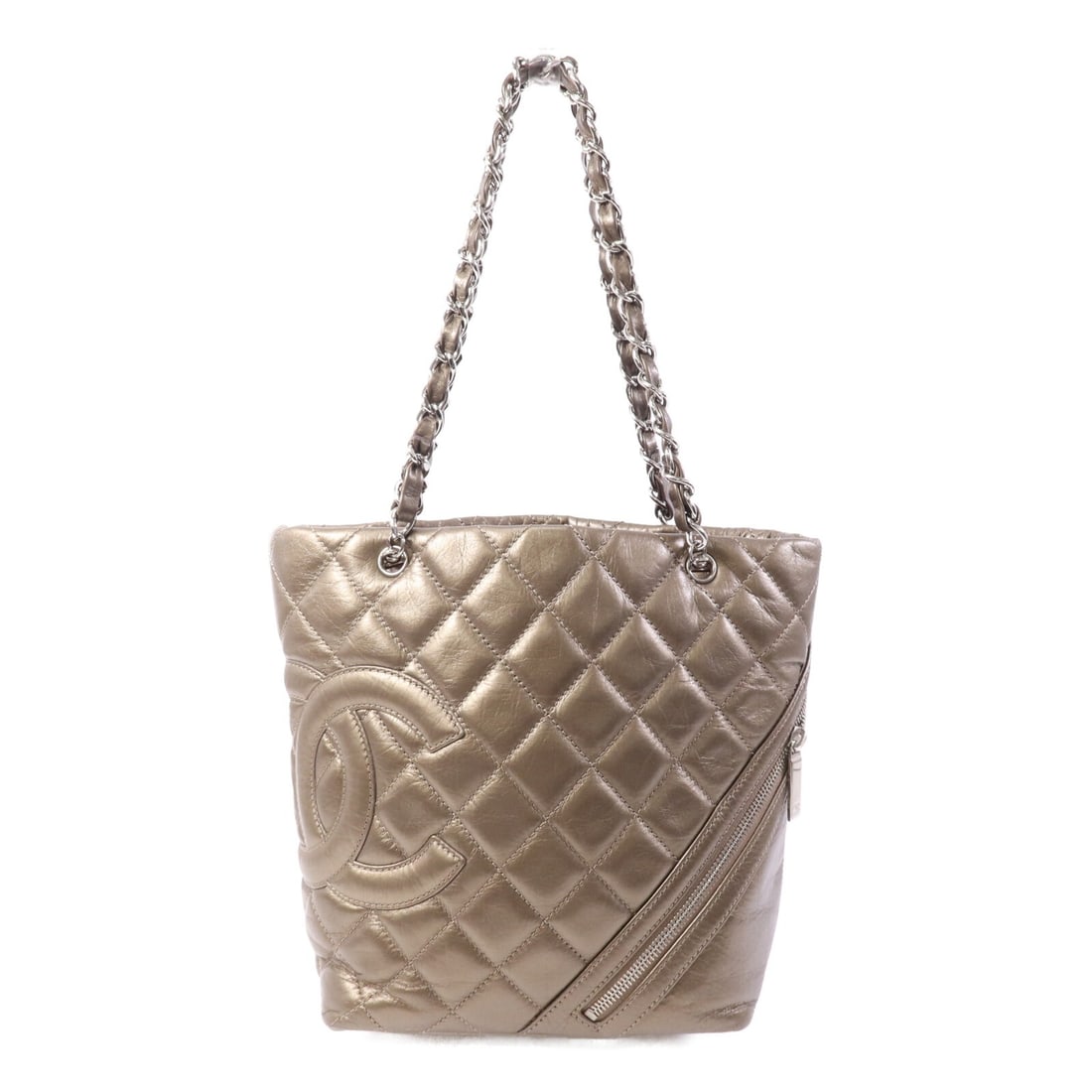 CHANEL Cambon Gold Calfskin Handbag with CC and SHW: CHANEL Cambon Gold Calfskin Handbag with CC and SHW CHANEL Cambon handbag in gold calfskin leather with CC detailing and silver-tone hardware. Made in France, this women's handbag features an open ext