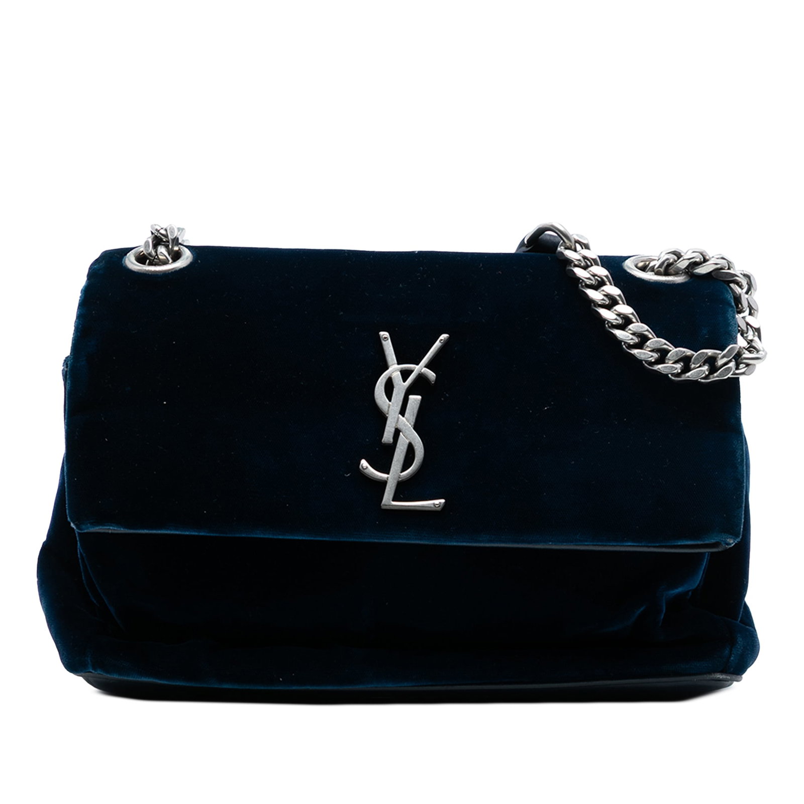 Saint Laurent velvet West Hollywood crossbody bag: Saint Laurent velvet West Hollywood crossbody bag This Saint Laurent Small Velvet Monogram West Hollywood Crossbody bag features a blue velvet body complemented by a chain link and an adjustable flat 
