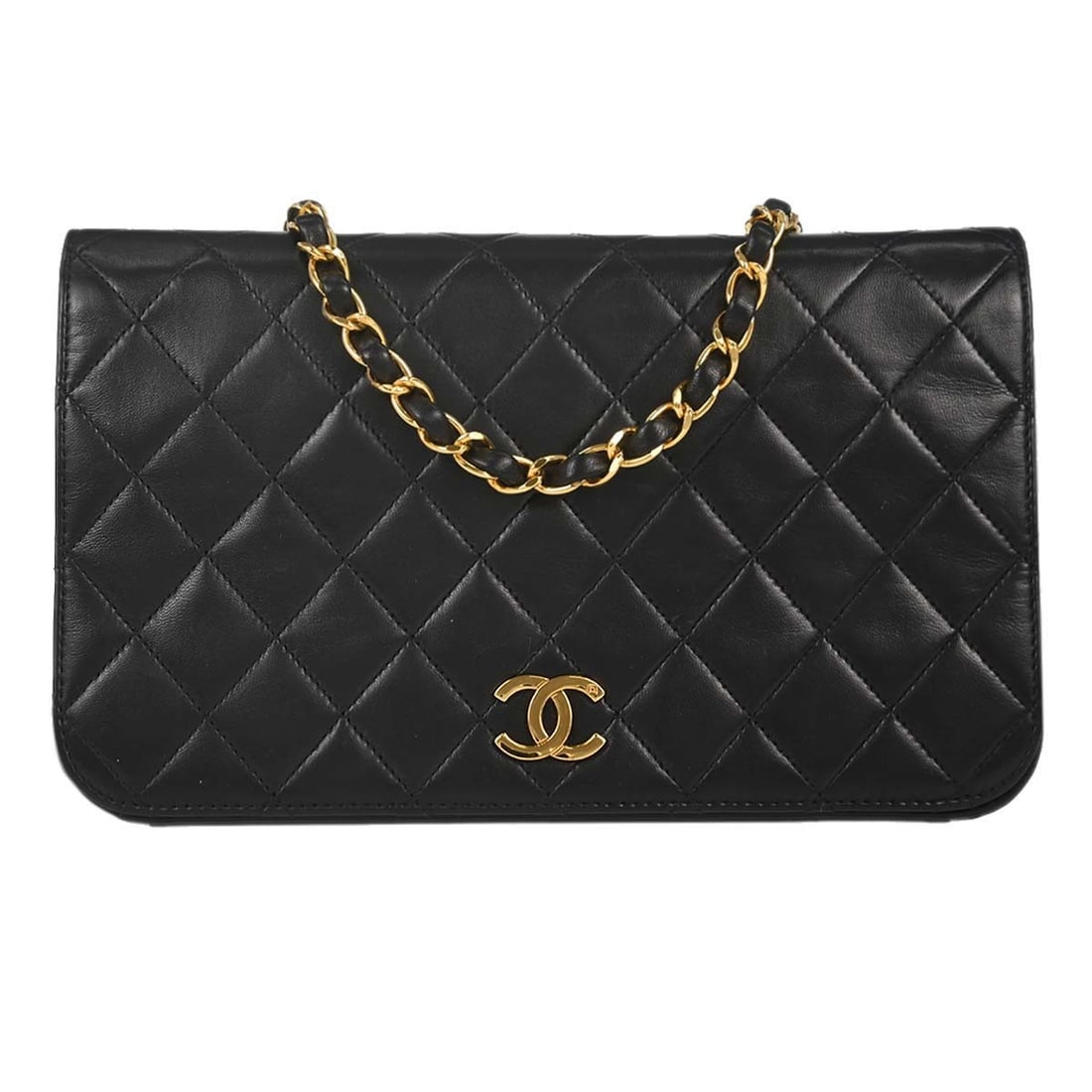 CHANEL Pushlock Full Flap Shoulder Bag Black Lambskin Small: CHANEL Pushlock Full Flap Shoulder Bag Black Lambskin Small Chanel Pushlock Small Full Flap shoulder bag in black lambskin leather with logo accents and a shoulder strap. The bag features a zippered c