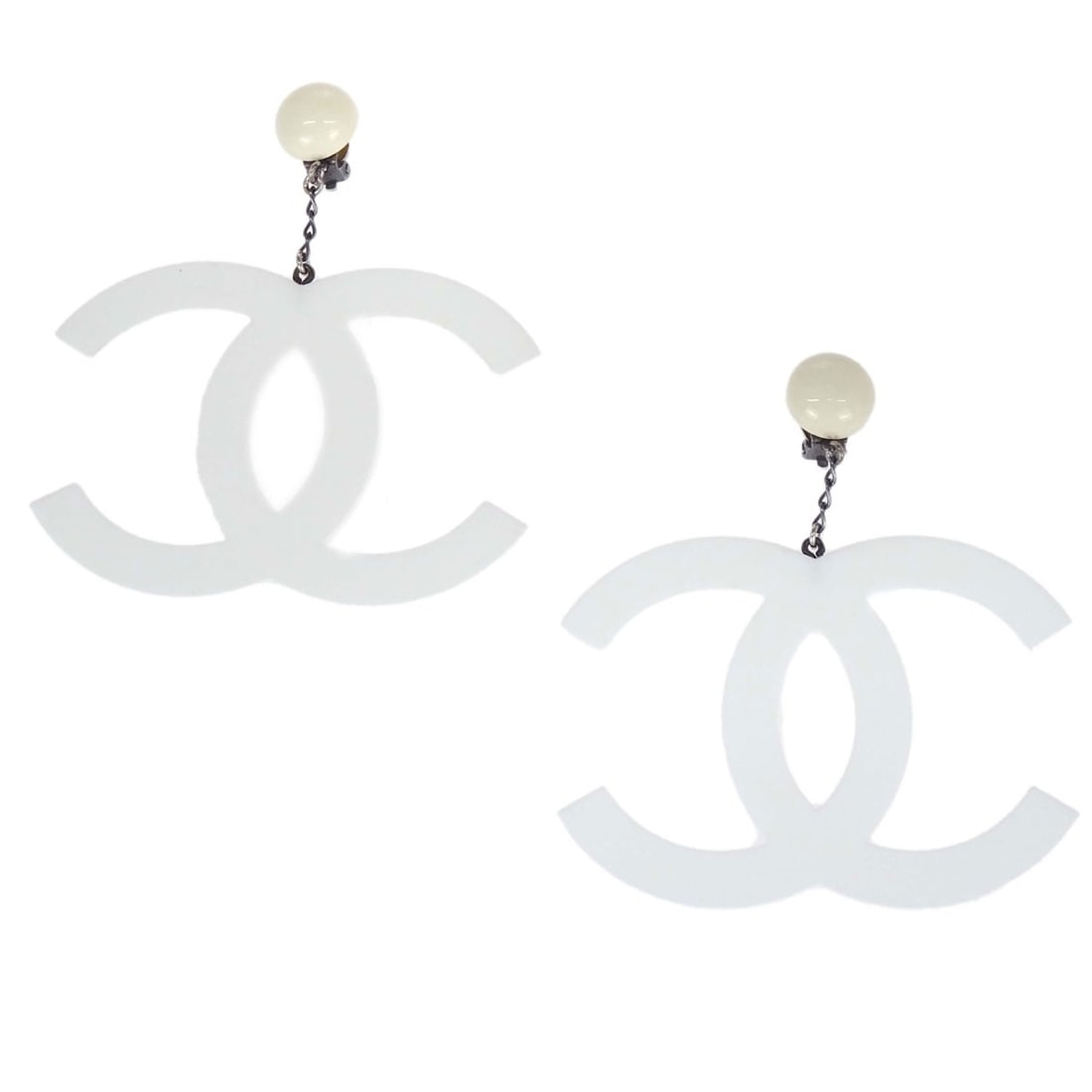 Chanel CC Clip-On Drop Earrings in White Acrylic and Silver Plate: Chanel CC Clip-On Drop Earrings in White Acrylic and Silver Plate Chanel dangle clip-on earrings featuring the CC motif in white acrylic with silver-plated accents. Made in France, this pair comes wit