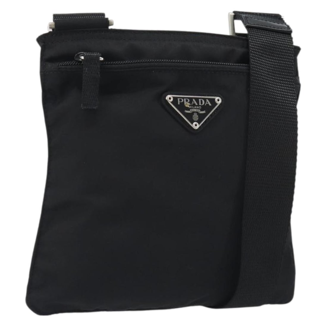 PRADA Black Nylon Shoulder Bag Silver Tone Hardware: PRADA Black Nylon Shoulder Bag Silver Tone Hardware Prada shoulder bag in black and silver nylon, made in Italy. This women's bag measures approximately 20 cm W x 19 cm H x 0.5 cm D, with a shoulder d