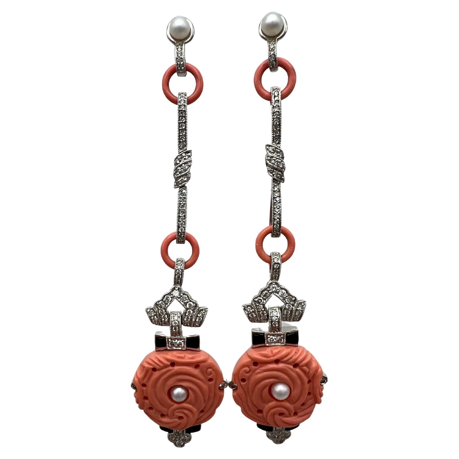 18K White Gold Dangle Earrings with Coral Pearls Diamonds Enamel: 18K White Gold Dangle Earrings with Coral Pearls Diamonds Enamel Art Deco dangle earrings crafted in 18k white gold with carved coral, round brilliant cut diamonds totaling 1.34 ct, fresh water pearls