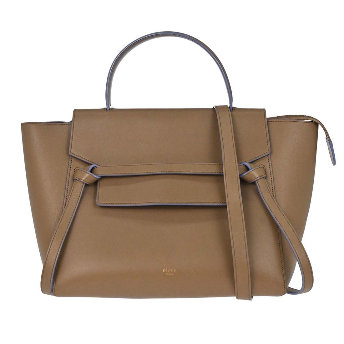 CELINE Belt Bag Mini Beige Leather 2way Top Handle Bag: CELINE Belt Bag Mini Beige Leather 2way Top Handle Bag This CELINE Belt Bag mini 2way handbag is crafted from beige leather and made in Italy. It features a zipper closure, top handle style, and comes