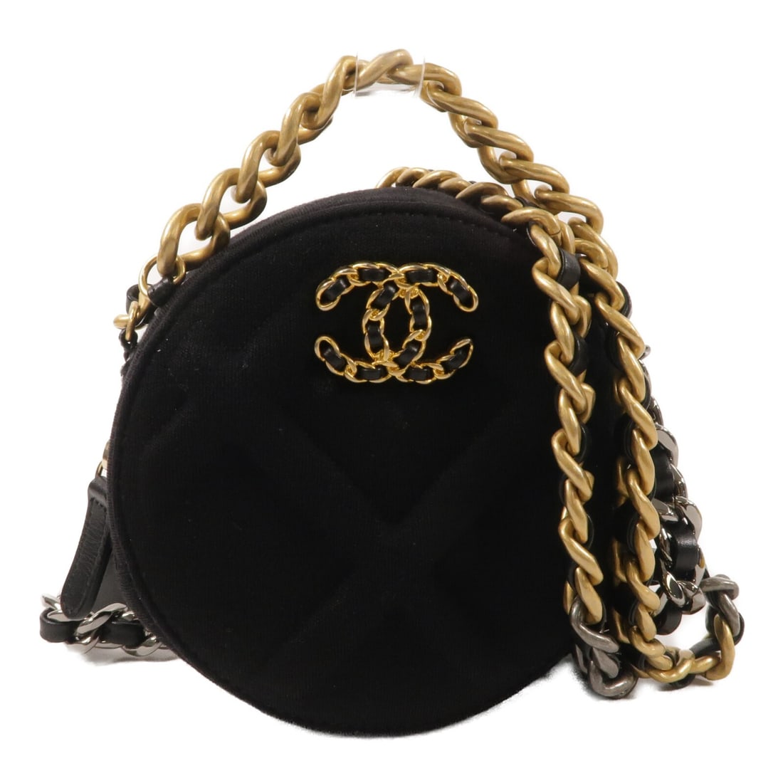 CHANEL AP0945 CC Round 19 black cotton chain clutch shoulder bag (1 of 13)