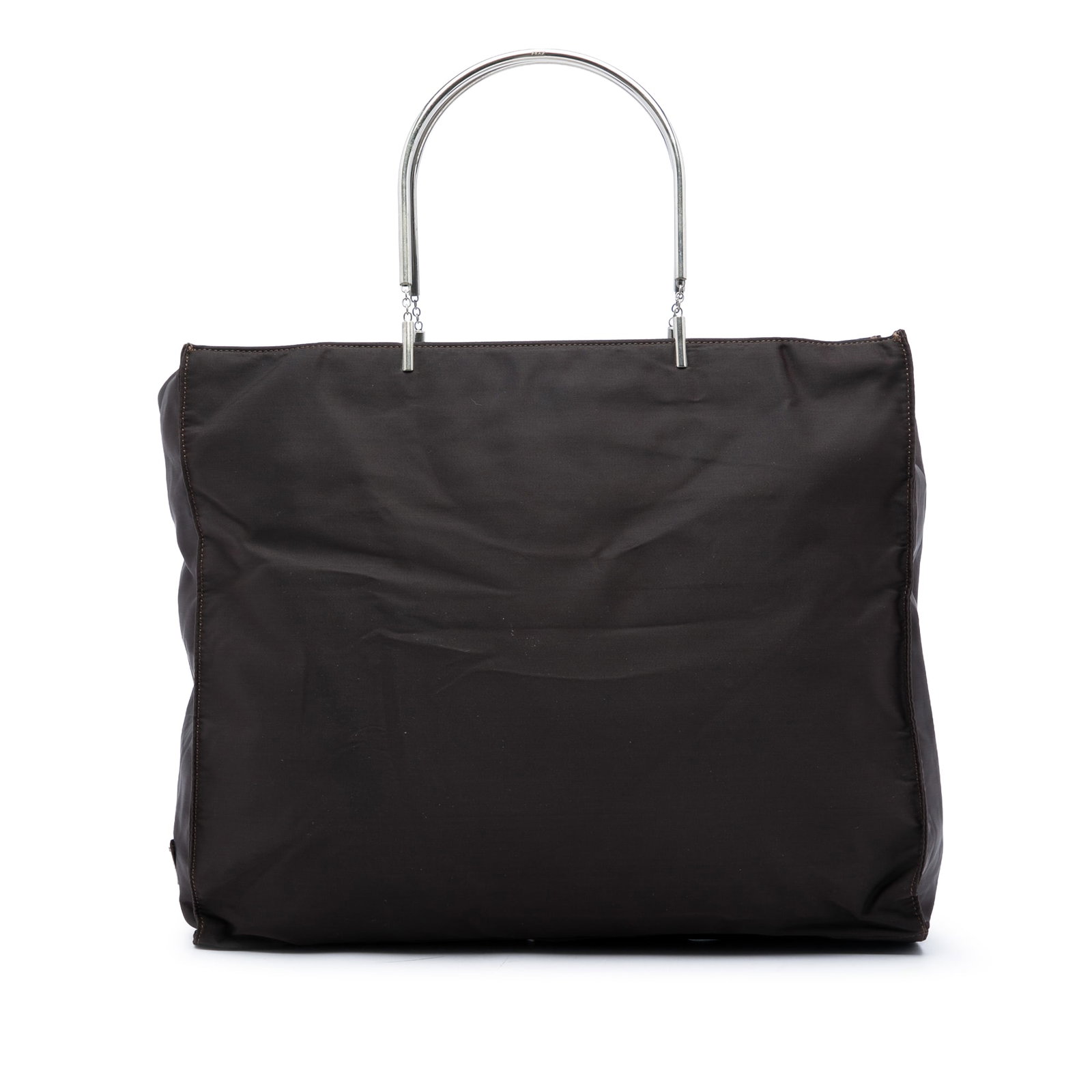 Prada Tessuto Brown Nylon Tote with Metal Top Handles: Prada Tessuto Brown Nylon Tote with Metal Top Handles Prada Tessuto Metal Handle Bag in brown fabric with metal top handles and an open-top design. The interior includes zip pockets for organization. 