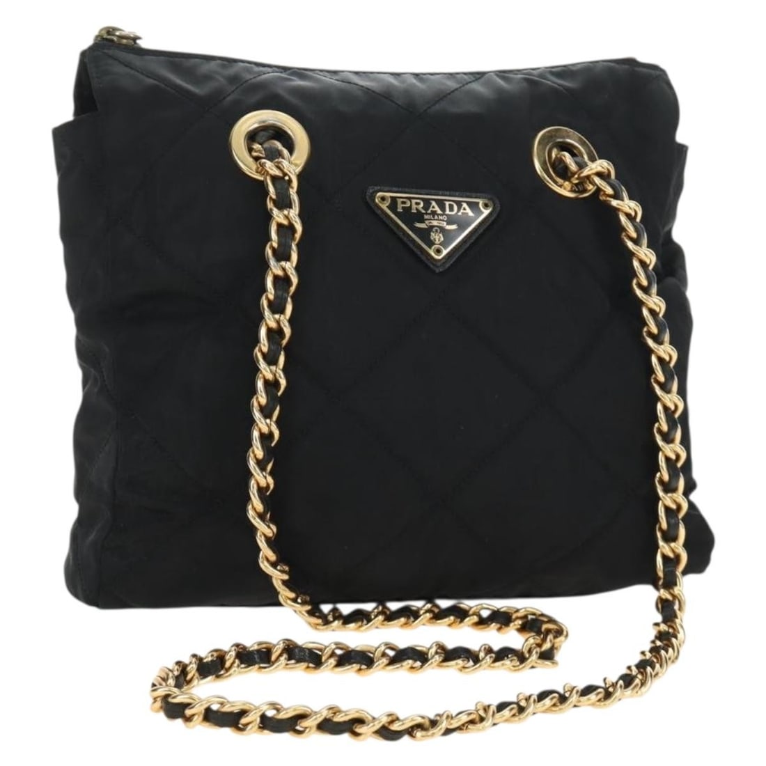 PRADA Black Nylon Chain Handle Tote Bag with Dust Bag: PRADA Black Nylon Chain Handle Tote Bag with Dust Bag Prada tote bag in black and gold nylon, made in Italy. It comes with a dust bag and has a handle drop of approximately 36 cm (14.2 inches). The ba