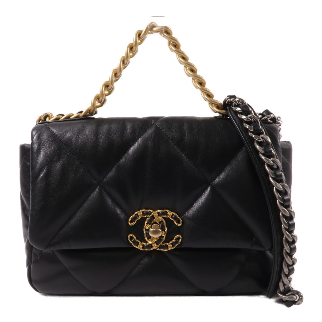 CHANEL Chanel 19 Small Lambskin 2way Shoulder Bag Black: CHANEL Chanel 19 Small Lambskin 2way Shoulder Bag Black This CHANEL CC Chanel 19 Small Chain Shoulder Bag is crafted in black lambskin (sheep leather) and presented in a 2-way shoulder bag style. It f