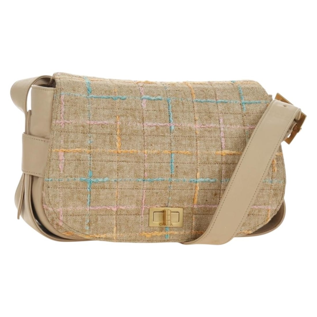 CHANEL 2.55 Tweed Shoulder Bag Beige Gold Tone Canvas: CHANEL 2.55 Tweed Shoulder Bag Beige Gold Tone Canvas CHANEL 2.55 shoulder bag in beige and gold canvas with CC detailing. Made in Italy, this women's bag includes the guarantee card. Condition is AB/