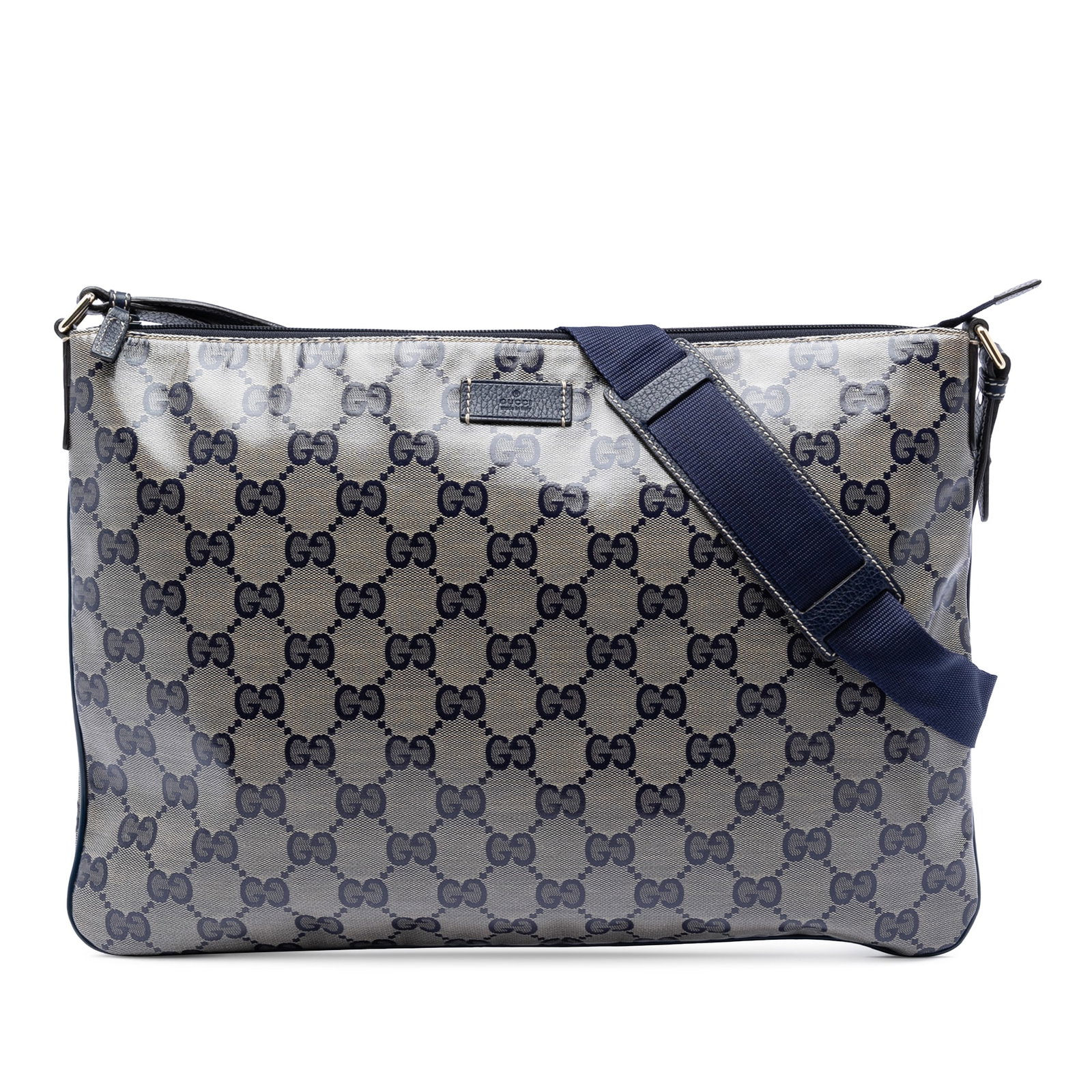 Gucci GG Crystal coated canvas crossbody bag: Gucci GG Crystal coated canvas crossbody bag Gucci GG Crystal Crossbody bag in beige coated canvas with leather trim. This crossbody style features a flat strap, top zip closure, and an interior zip p
