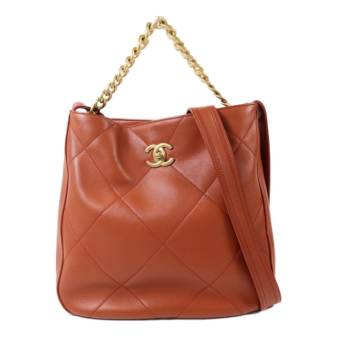CHANEL CC orange calfskin 2 way hobo shoulder bag: CHANEL CC orange calfskin 2 way hobo shoulder bag CHANEL CC hobo bag in orange calfskin leather with a 2-way shoulder design. This women's bag includes a turn-lock closure, one interior zip pocket, an