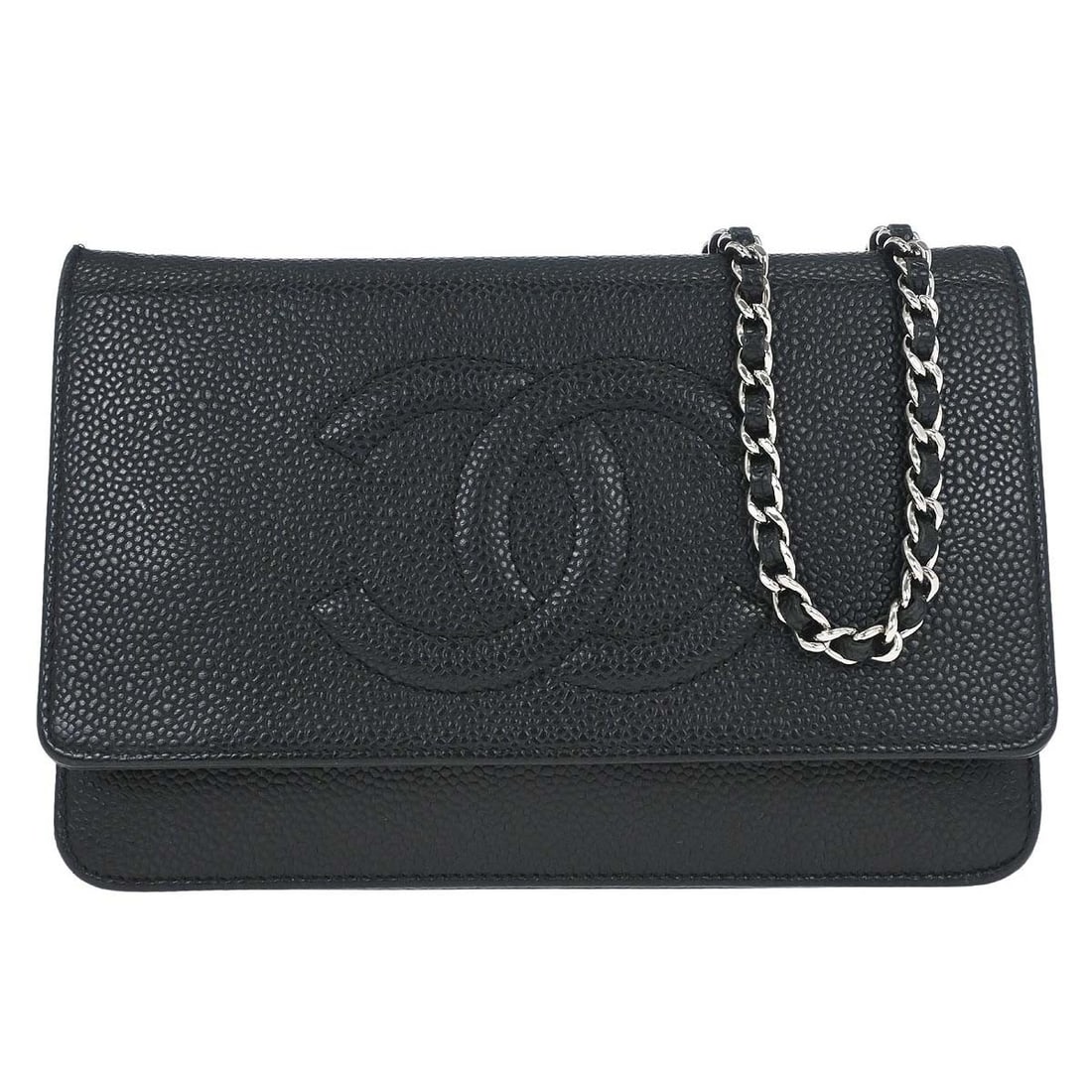 CHANEL Timeless WOC black caviar leather wallet chain bag: CHANEL Timeless WOC black caviar leather wallet chain bag Chanel Wallet on Chain bag in black caviar skin leather with a folding design. The exterior is in good condition with scuffs on the edges, and