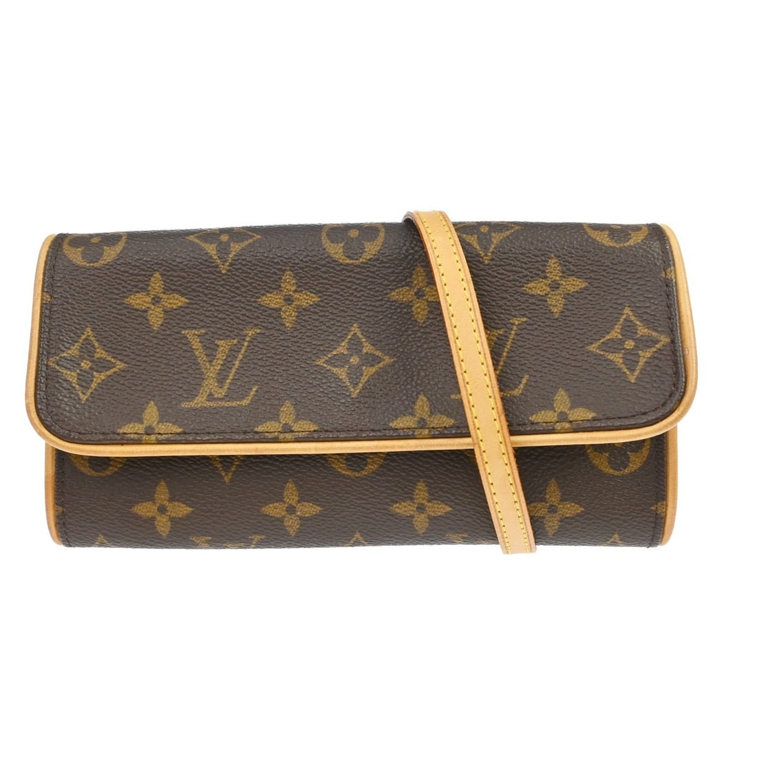 Louis Vuitton Pochette Twin PM Monogram Shoulder Bag M51854: Louis Vuitton Pochette Twin PM Monogram Shoulder Bag M51854 Vintage Louis Vuitton Pochette Twin PM shoulder bag in brown Monogram canvas with leather trim and a beige Alcantara lining. This small bag 