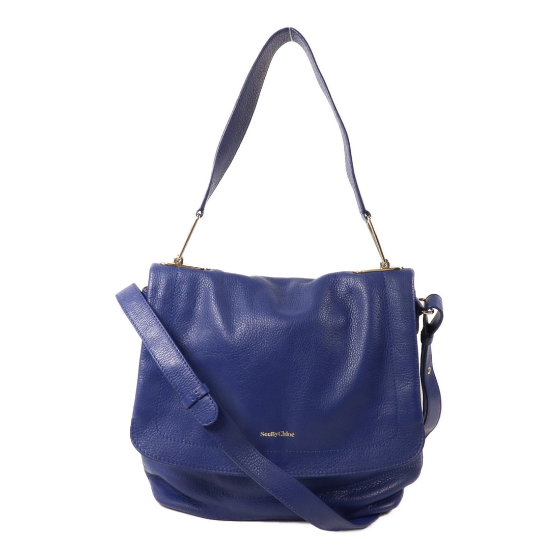 SEE BY CHLOE Blue Calfskin 2way Shoulder Bag with Strap: SEE BY CHLOE Blue Calfskin 2way Shoulder Bag with Strap See by Chloe 2-way shoulder bag in blue calfskin leather with a structured, versatile design. The bag features a magnetic pocket and an organize