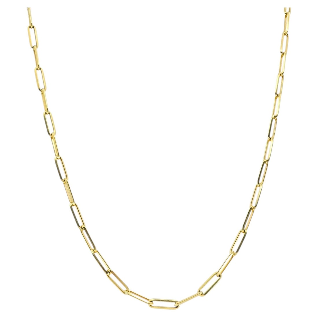 Italian 18k Gold Paperclip Link Necklace 20 In: Italian 18k Gold Paperclip Link Necklace 20 In A late 20th century 18k gold paperclip chain necklace made in Italy. It features elongated oval links with rounded edges and open centers in a classic pa