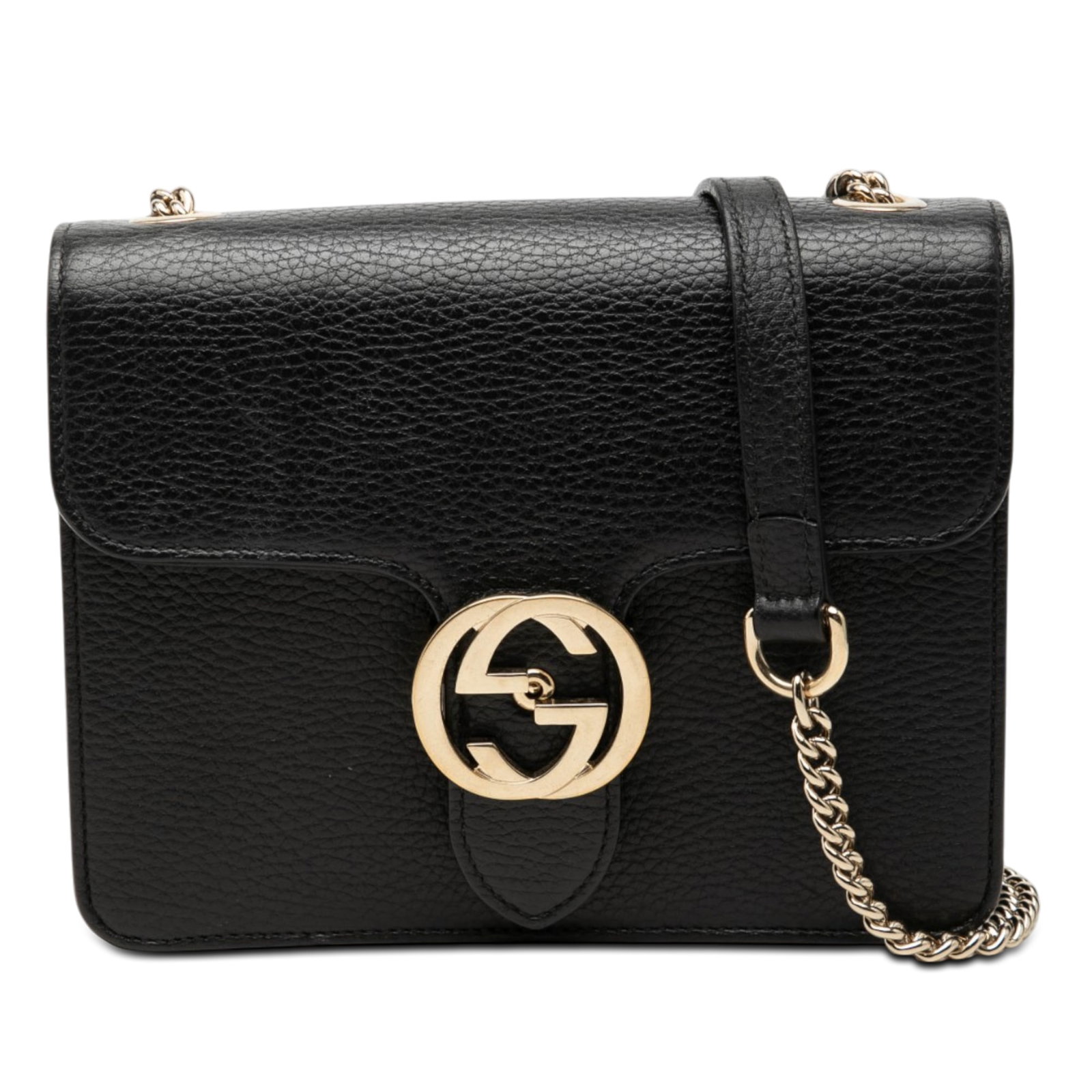 Gucci Interlocking G Small Dollar Calfskin Leather Crossbody Bag: Gucci Interlocking G Small Dollar Calfskin Leather Crossbody Bag Gucci Small Dollar Calfskin Interlocking G Crossbody in black leather with a chain-link shoulder strap and leather shoulder guard. The 