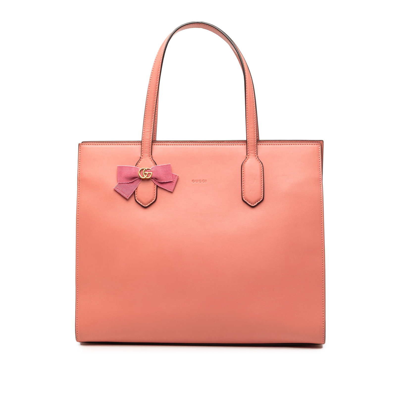Gucci GG Marmont Ribbon Tote Pink Leather Bag: Gucci GG Marmont Ribbon Tote Pink Leather Bag Gucci GG Marmont Calfskin Ribbon Tote in pink leather, made in Italy. This tote bag features a leather body, flat leather handles, an open top with magnet
