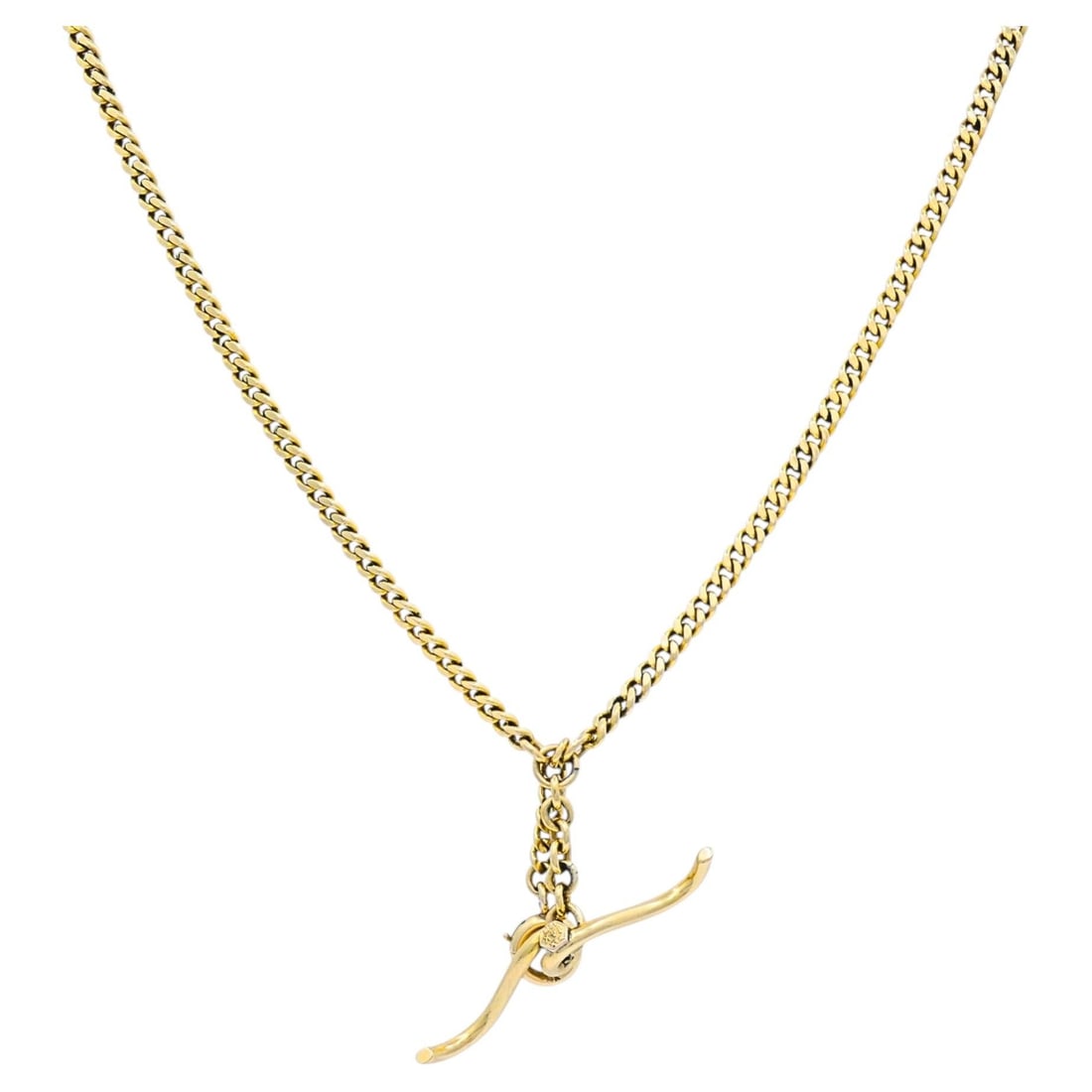 1918 14k Gold Curb Link Necklace with Watch Hook: 1918 14k Gold Curb Link Necklace with Watch Hook Antique 14k gold curb link necklace dated 1918, featuring tightly interlocking curb links and an original curved watch hook with round spring ring at t
