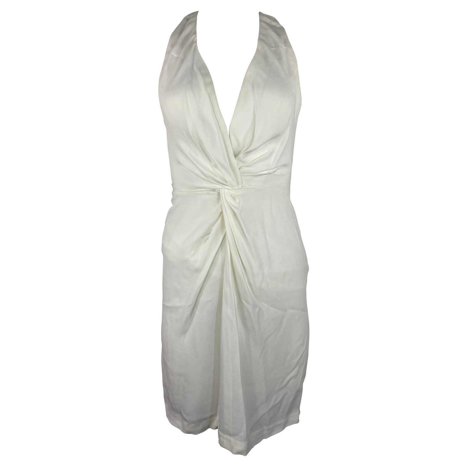 L'AGENCE Size 0 White Sleeveless V Neck Twist Dress: L'AGENCE Size 0 White Sleeveless V Neck Twist Dress White L'AGENCE mini dress in size 0, featuring a front twist motif, V neckline, sleeveless design, and mini length. Made in the USA from 100% Pur Am