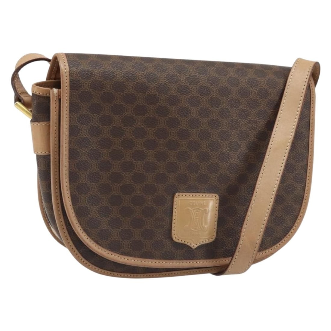 CELINE Macadam Shoulder Bag Brown PVC Leather Gold Tone: CELINE Macadam Shoulder Bag Brown PVC Leather Gold Tone A CELINE Macadam Canvas shoulder bag in brown and gold, made in Italy. The bag features PVC leather and Macadam canvas construction, with a shou