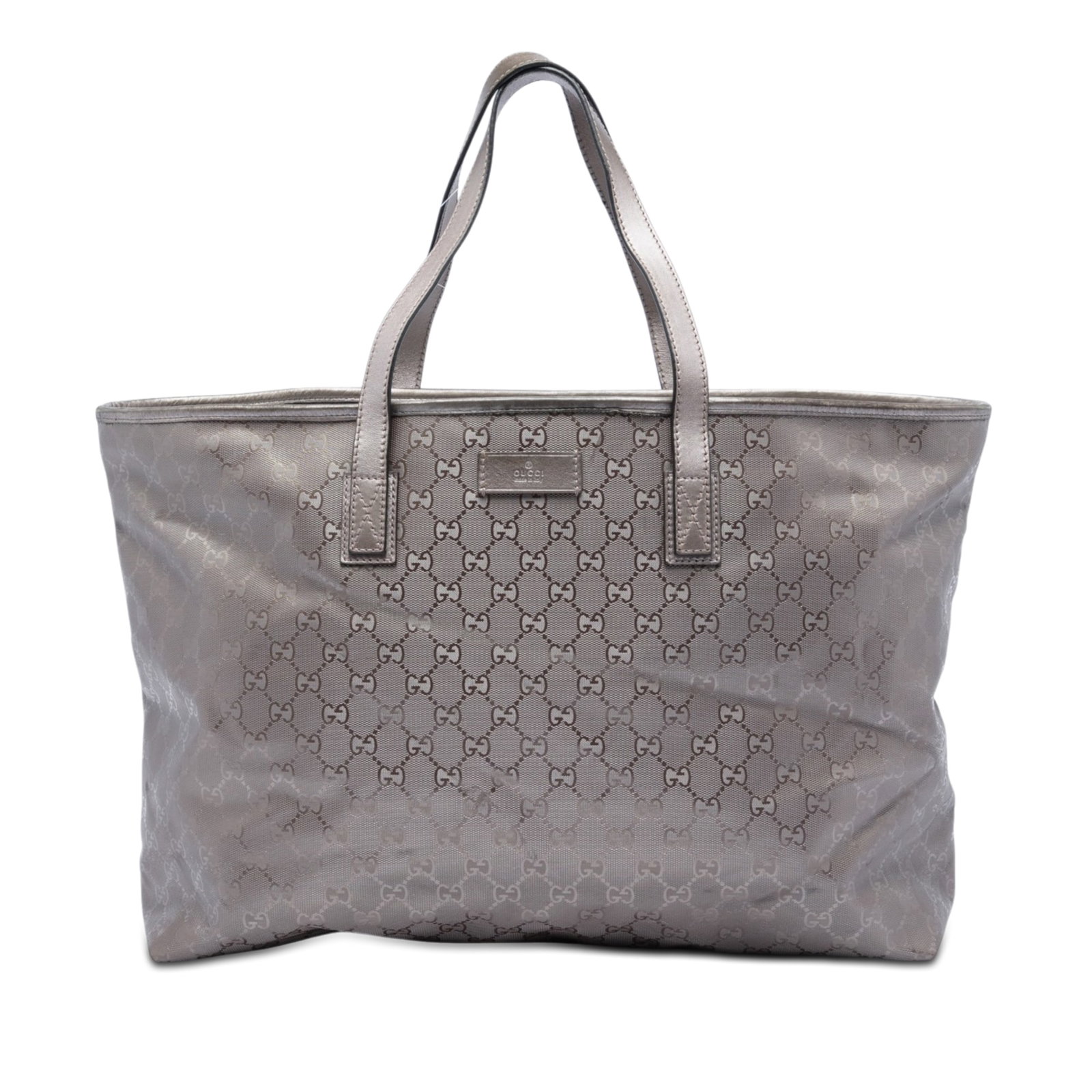 Gucci GG Imprime Large Tote Bag Silver Coated Canvas: Gucci GG Imprime Large Tote Bag Silver Coated Canvas Gucci Large GG Imprime Tote in silver with a coated canvas body and leather trim. This tote features flat leather handles, a top zip closure, and a