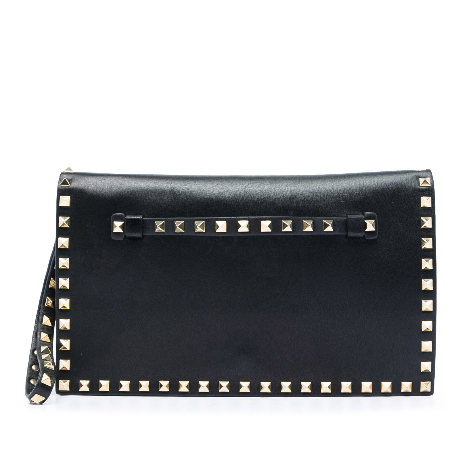 Valentino Rockstud Leather Wristlet Clutch Bag Black: Valentino Rockstud Leather Wristlet Clutch Bag Black Valentino Leather Rockstud Flap Clutch in black leather with stud detailing. This clutch features a studded leather wrist strap, a back studded lea