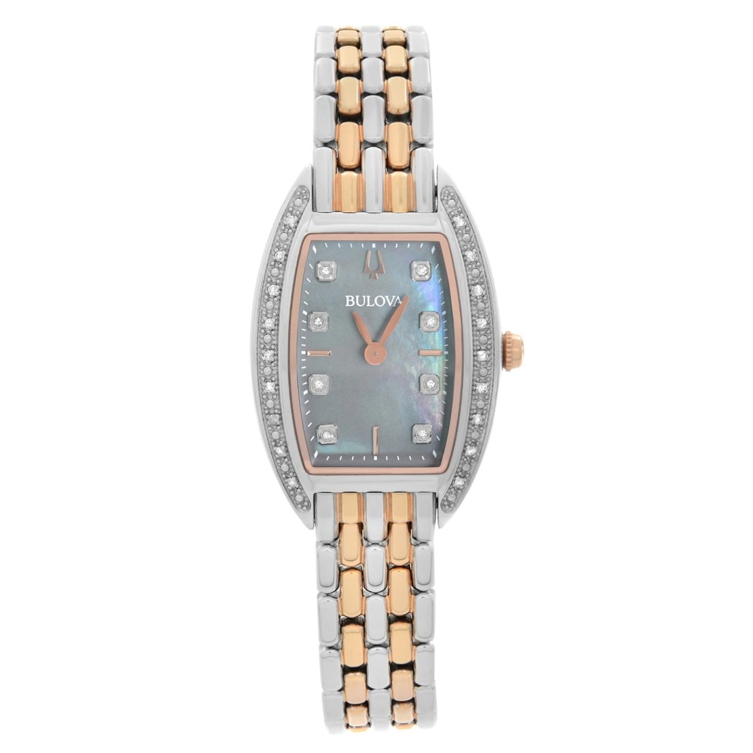 Bulova 98R232 Ladies Quartz Diamond Accent Tonneau Watch Black Mother of Pearl Dial: Bulova 98R232 Ladies Quartz Diamond Accent Tonneau Watch Black Mother of Pearl Dial This Bulova Tonneau ladies wristwatch features a two-tone stainless steel design with rose gold accents and a black 