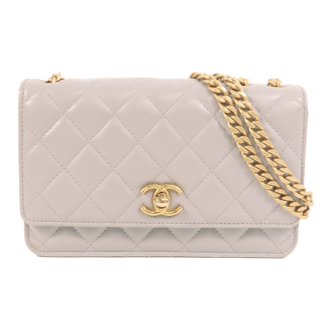 CHANEL AP3043 WOC Shoulder Bag Gray Lambskin CC Turn Lock: CHANEL AP3043 WOC Shoulder Bag Gray Lambskin CC Turn Lock Chanel Wallet on Chain shoulder bag crafted in gray lambskin leather with CC turn-lock closure. This women's bag features an exterior open poc