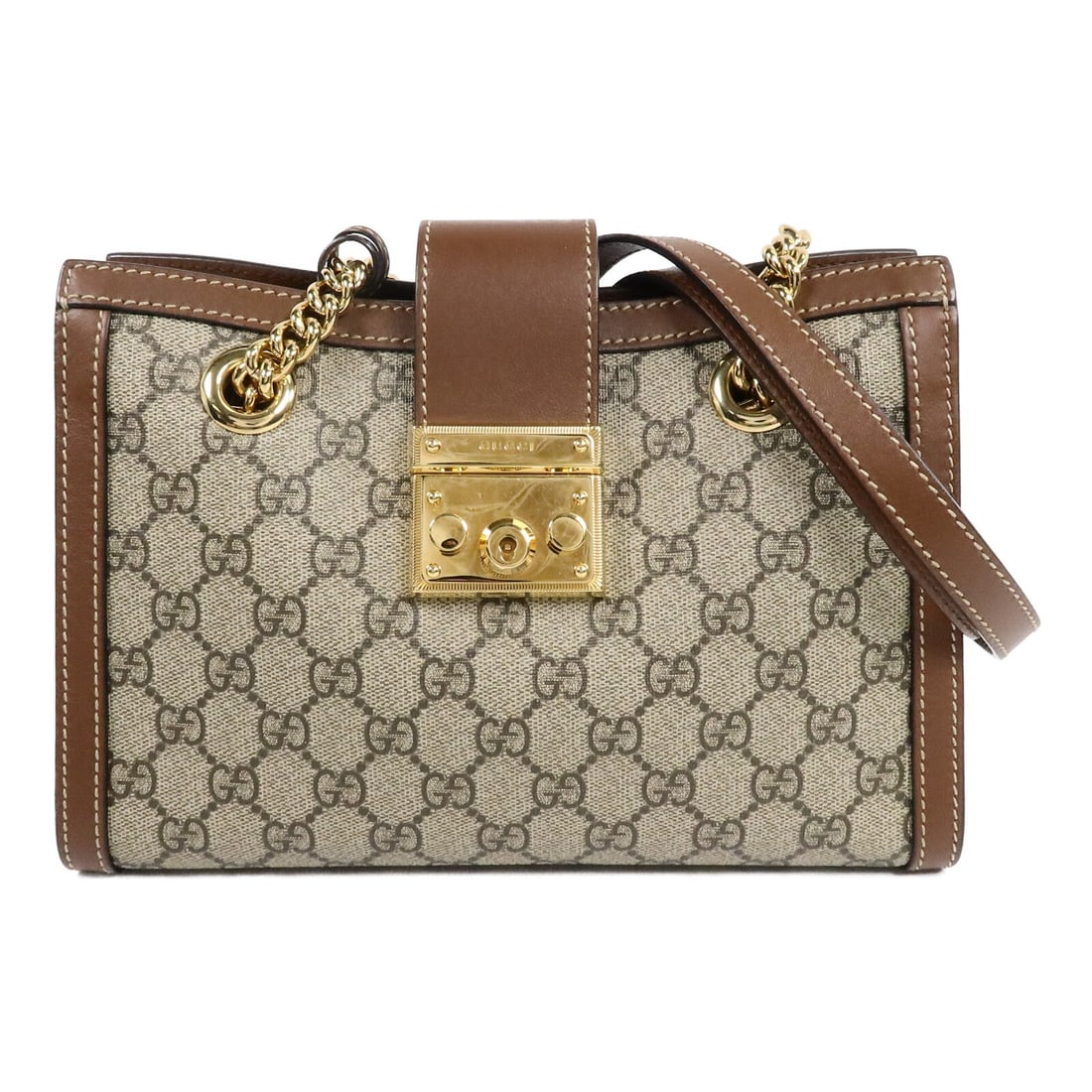GUCCI Padlock 498156 Brown Coated Canvas Chain Shoulder Bag: GUCCI Padlock 498156 Brown Coated Canvas Chain Shoulder Bag Gucci Padlock chain shoulder bag in brown GG coated canvas with a structured silhouette and chain strap. The interior includes two open pock
