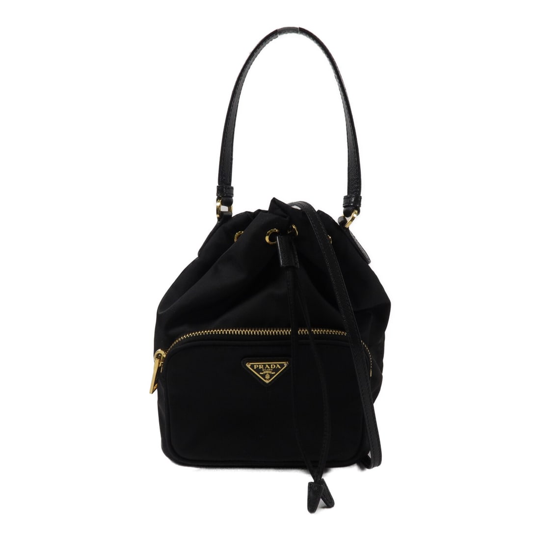 PRADA 1BH038 Duet Re-Nylon 2 Way Bucket Bag Black: PRADA 1BH038 Duet Re-Nylon 2 Way Bucket Bag Black Prada Duet Re-Nylon bucket bag in black with a 2-way shoulder design. This women's bag features a nylon exterior, an outside/inside zip pocket, and in