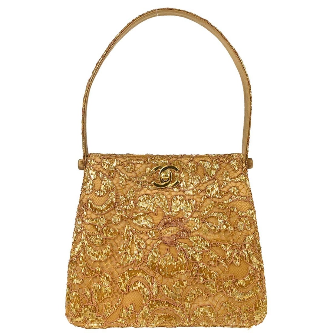 CHANEL medium top handle handbag in gold satin with lace turn lock (1 of 15)