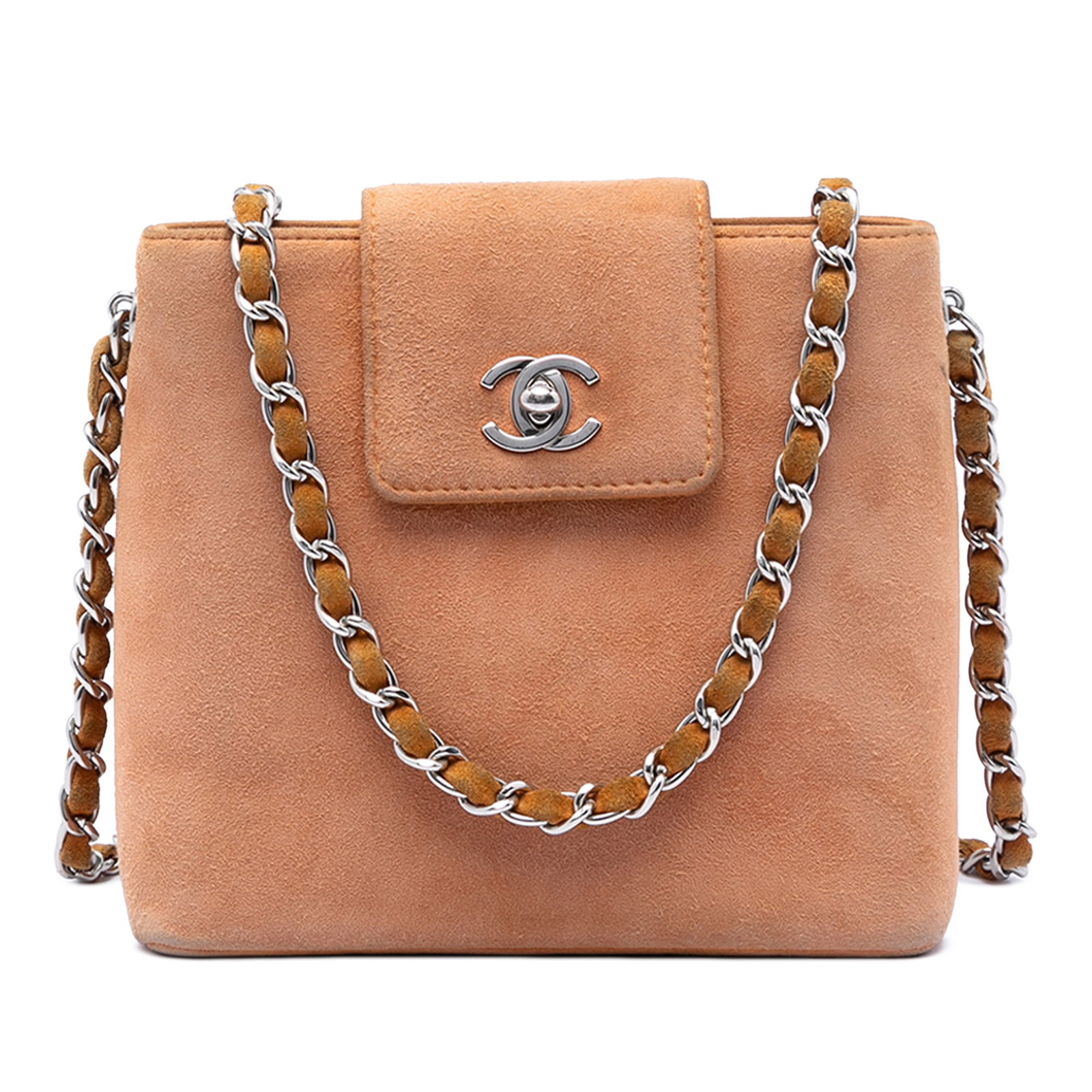 Chanel CC Brown Suede Leather Crossbody Bag: Chanel CC Brown Suede Leather Crossbody Bag Chanel CC suede crossbody bag in brown with a suede leather body, leather-woven chain strap, and a top strap with twist-lock closure. The interior includes 