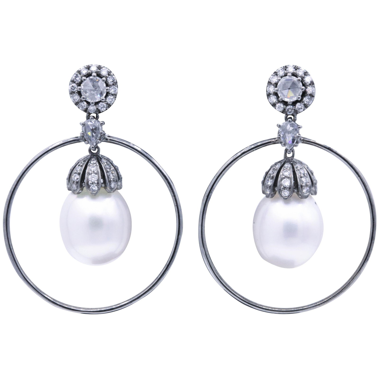 Harbor Diamonds 18k White Gold Diamond Pearl Hoop Earrings 1.58 Carat (1 of 9)