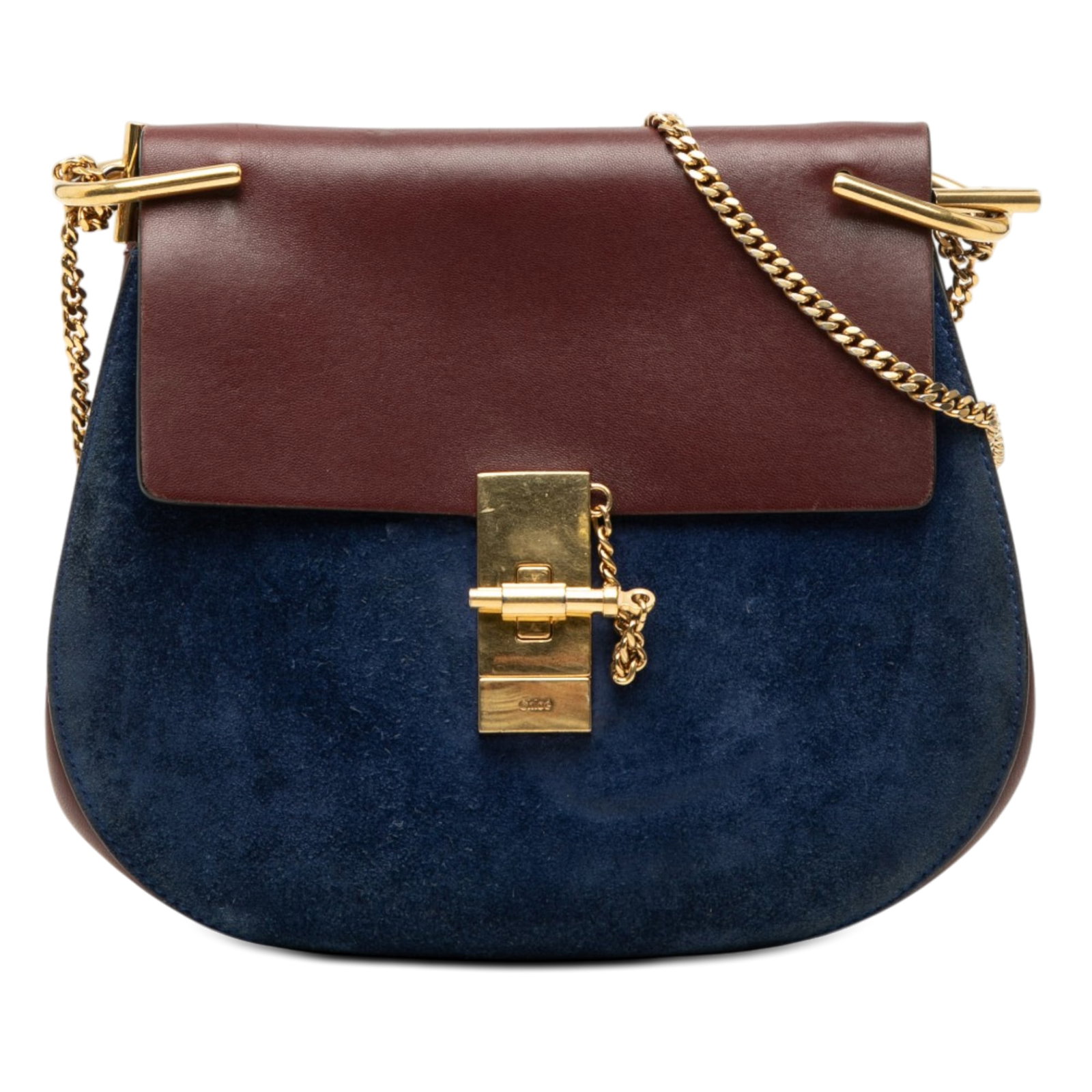 Chloe Drew Small Bicolor Suede Leather Crossbody Bag: Chloe Drew Small Bicolor Suede Leather Crossbody Bag Small Drew crossbody bag in bicolor suede and calfskin with a chain link shoulder strap, flap front, pin-lock closure, and an interior slip pocket.
