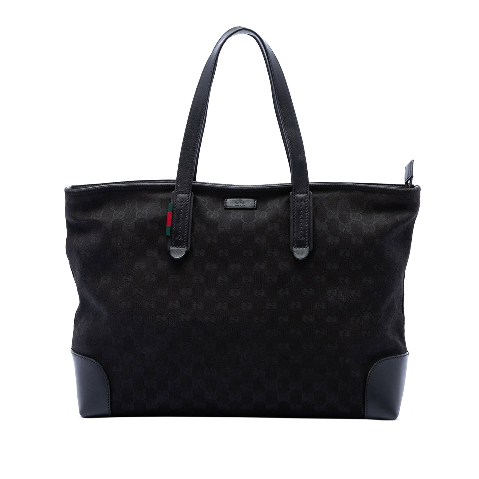 Gucci GG Canvas Web Jacquard Tote Bag Black: Gucci GG Canvas Web Jacquard Tote Bag Black Gucci GG Canvas Web Tote in black fabric with a jacquard body and flat leather straps. This tote features a top zip closure, interior slip pockets, and an i