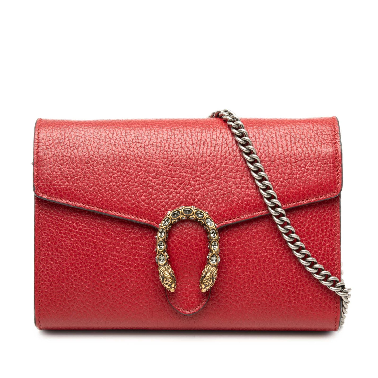Gucci Dionysus leather wallet on chain crossbody bag: Gucci Dionysus leather wallet on chain crossbody bag Gucci Dionysus wallet on chain in red calfskin leather with a curb chain shoulder strap and flap front with magnetic snap closure. The interior inc