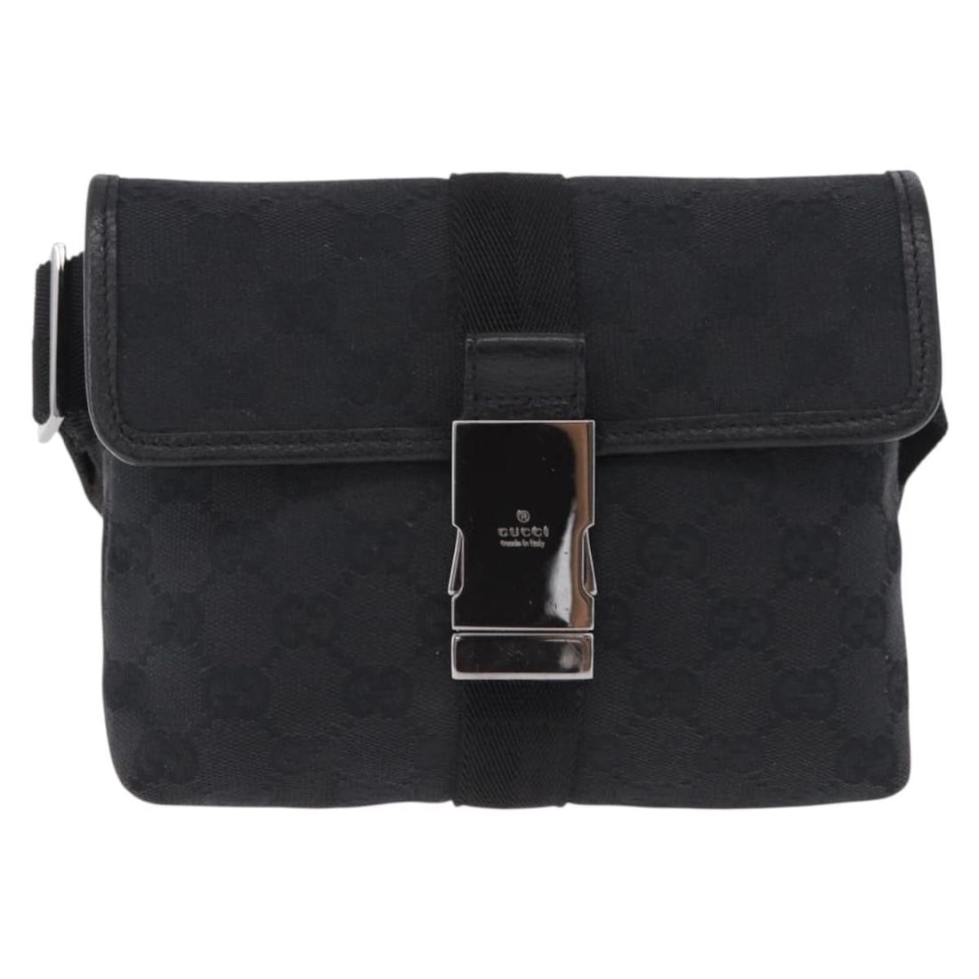 Gucci Buckle Waist black canvas belt bag leather trim: Gucci Buckle Waist black canvas belt bag leather trim Gucci Buckle Waist bag in black canvas with leather trim. This unisex piece is made in Italy and features a very good overall condition with light