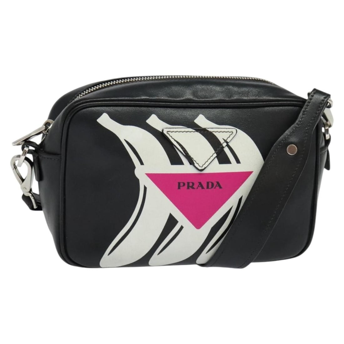 PRADA BD1348V Leather Shoulder Bag Black Silver Tone: PRADA BD1348V Leather Shoulder Bag Black Silver Tone This PRADA shoulder bag is crafted from leather in black with silver-tone exterior details. Made in Italy, it measures approximately 21 cm wide, 13