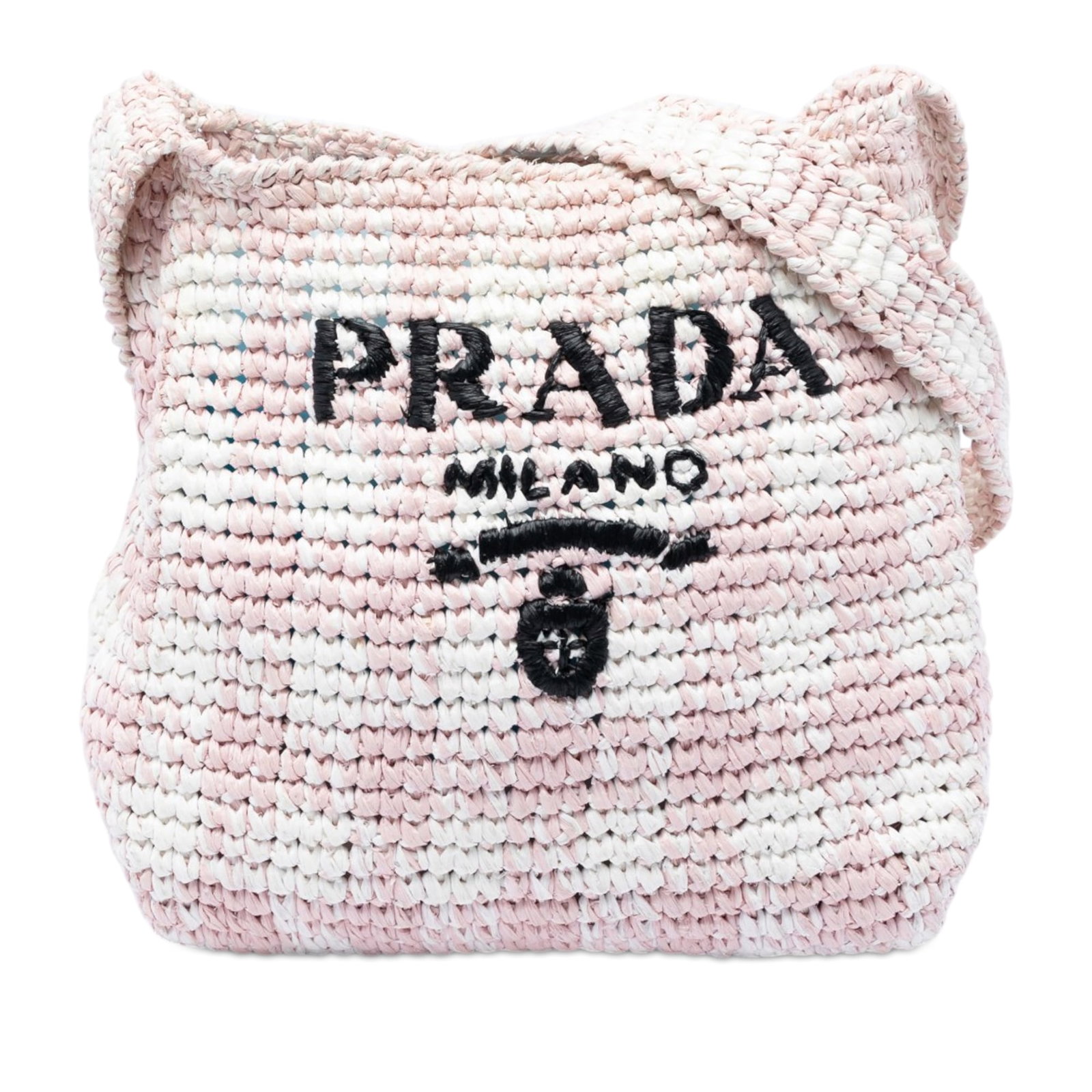 Prada Raffia Effect Crochet Logo Crossbody Bag Pink: Prada Raffia Effect Crochet Logo Crossbody Bag Pink This Prada crossbody bag features a woven raffia body, flat raffia handles, and an open top. It is made in Italy and finished in pink with a natural