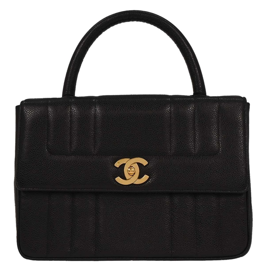 CHANEL Caviar Top Handle Handbag Black Leather Turn Lock: CHANEL Caviar Top Handle Handbag Black Leather Turn Lock Chanel top handle handbag in black caviar skin leather with a turn-lock closure and logo accent. This medium handbag features a nylon lining, i