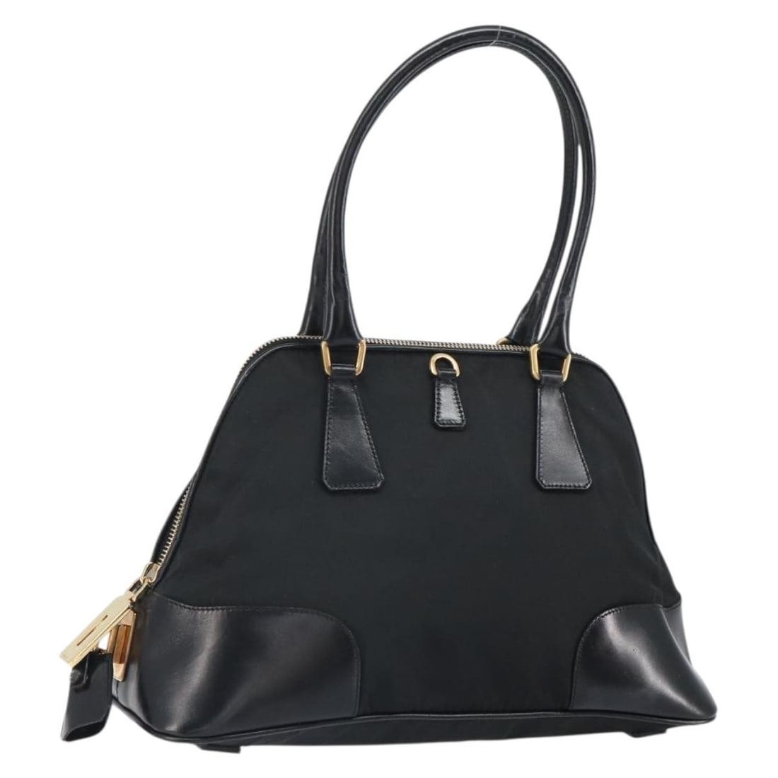 PRADA Black Nylon Hand Bag with Dust Bag Padlock: PRADA Black Nylon Hand Bag with Dust Bag Padlock Prada women's nylon handbag in black with gold-tone accents, made in Italy. This handbag includes a dust bag and padlock. Condition is rated B with rea