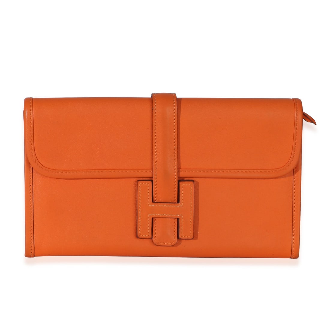 Hermes Jige Duo Clutch Orange Leather Flap Bag: Hermes Jige Duo Clutch Orange Leather Flap Bag Pre-owned Hermes Jige Duo Clutch in orange leather with a flap top and loop closure. This unisex clutch features a matching orange leather lining and sil