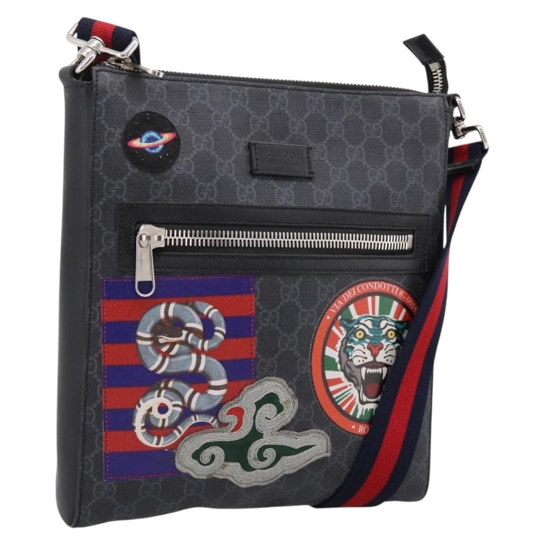 Gucci 474137 Courier Shoulder Bag GG Supreme Sherry PVC Leather Black: Gucci 474137 Courier Shoulder Bag GG Supreme Sherry PVC Leather Black Gucci GG Supreme Sherry Line Courier shoulder bag in black and silver PVC leather with GG canvas. This women's bag includes a dust