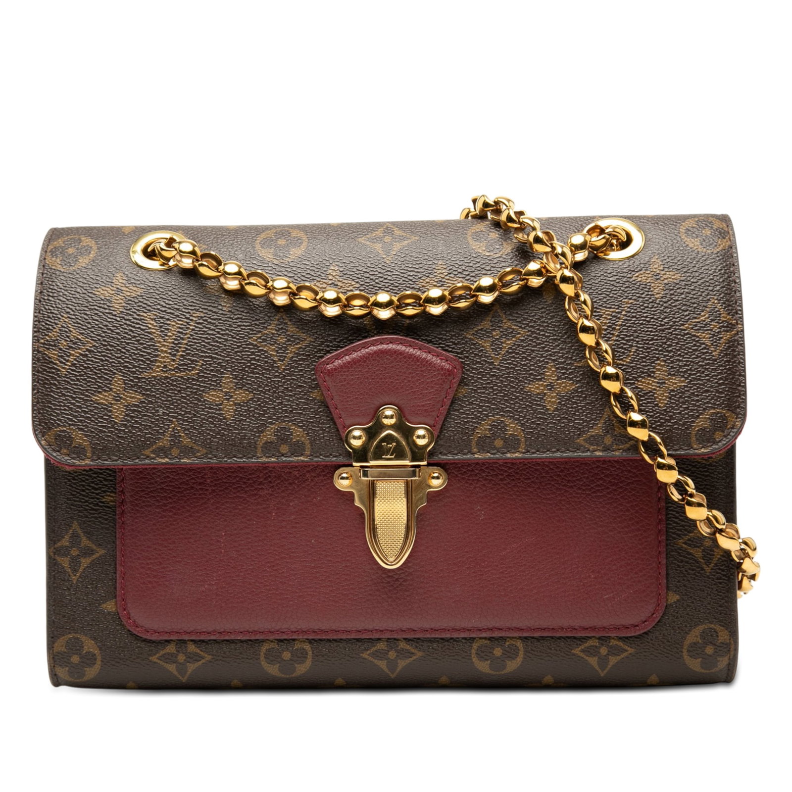Louis Vuitton Victoire Monogram Canvas Shoulder Bag: Louis Vuitton Victoire Monogram Canvas Shoulder Bag Louis Vuitton Monogram Victoire shoulder bag with leather trim, a chain shoulder strap, and a front flap with a gold-tone metal push-lock closure. T