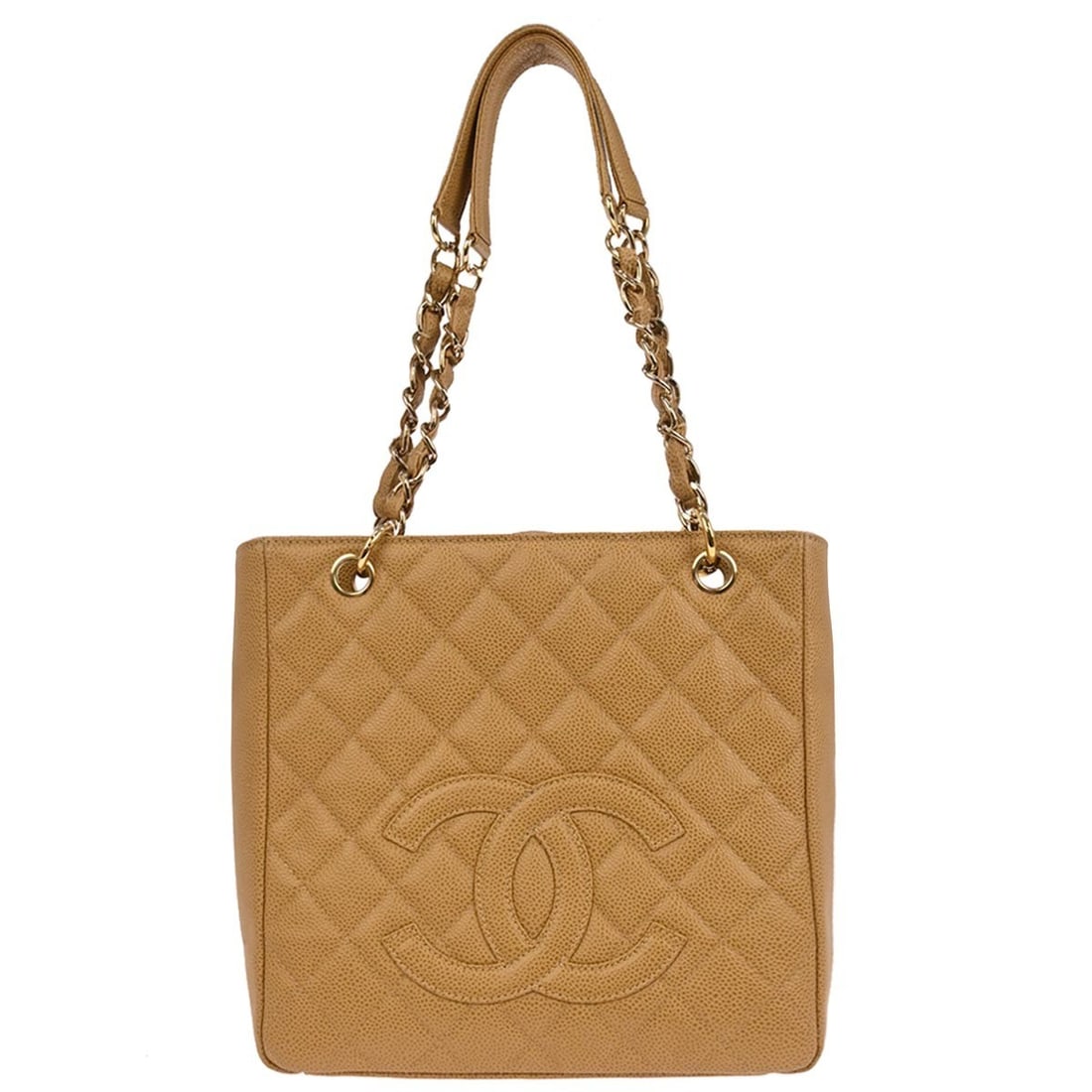 CHANEL Petite Shopping Tote Beige Caviar Leather Chain Strap Bag: CHANEL Petite Shopping Tote Beige Caviar Leather Chain Strap Bag Chanel Petite Shopping Tote PST chain handbag in beige caviar skin leather with a quilted finish and canvas lining. This women's tote f